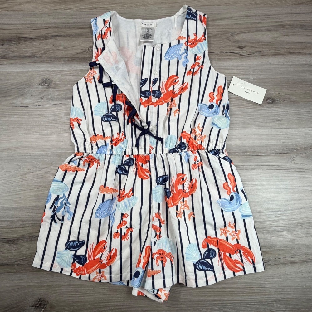 NWT‎ Max Studio Kids Girls Nautical Lobster Stripe Romper Size M 7/8